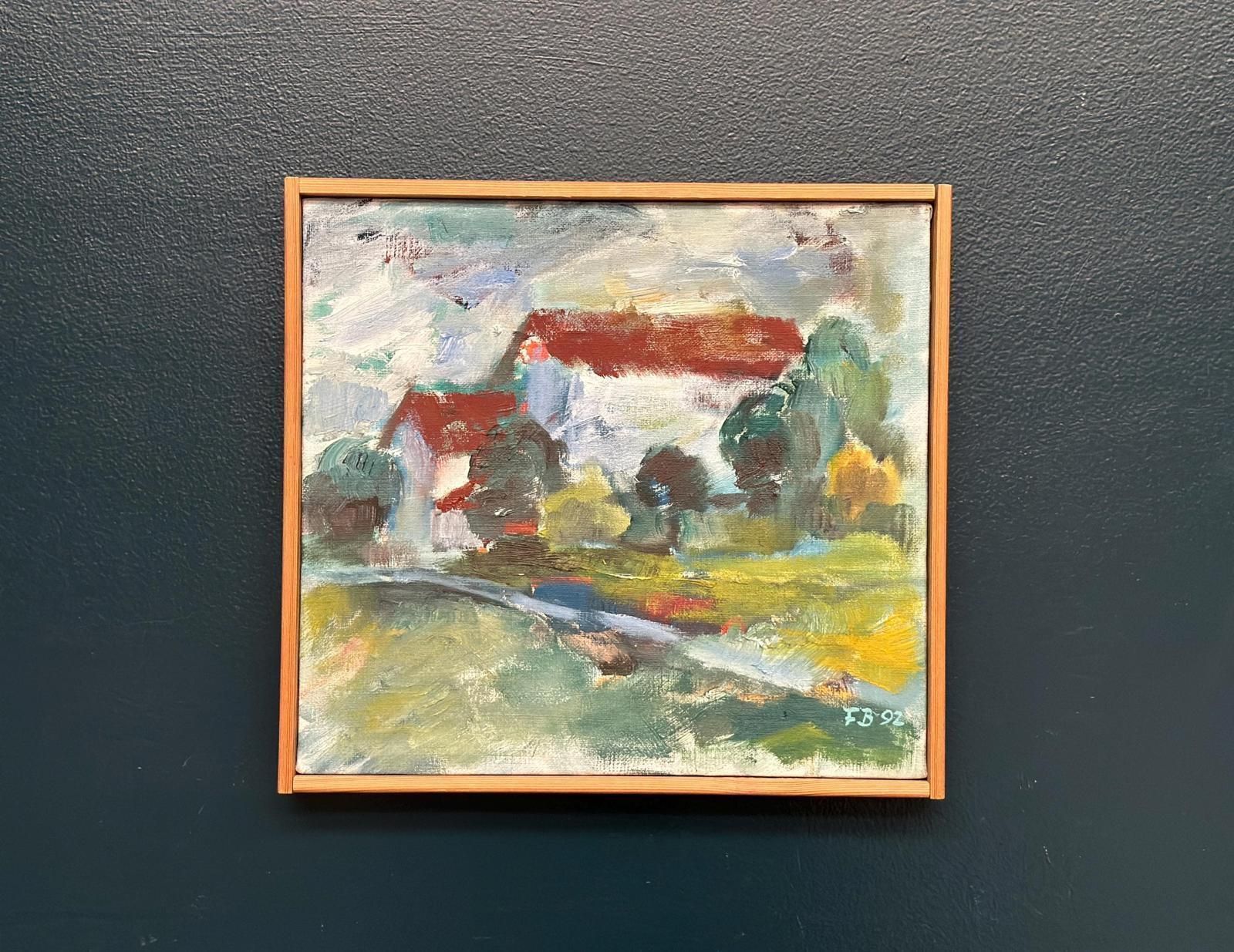 Original Mid Century Swedish Oil On Canvas – “Cottage And Trees” By Folke Björnfot – Vintage & Framed – 34 × 32 Cm (13.4" × 12.6") photo Art