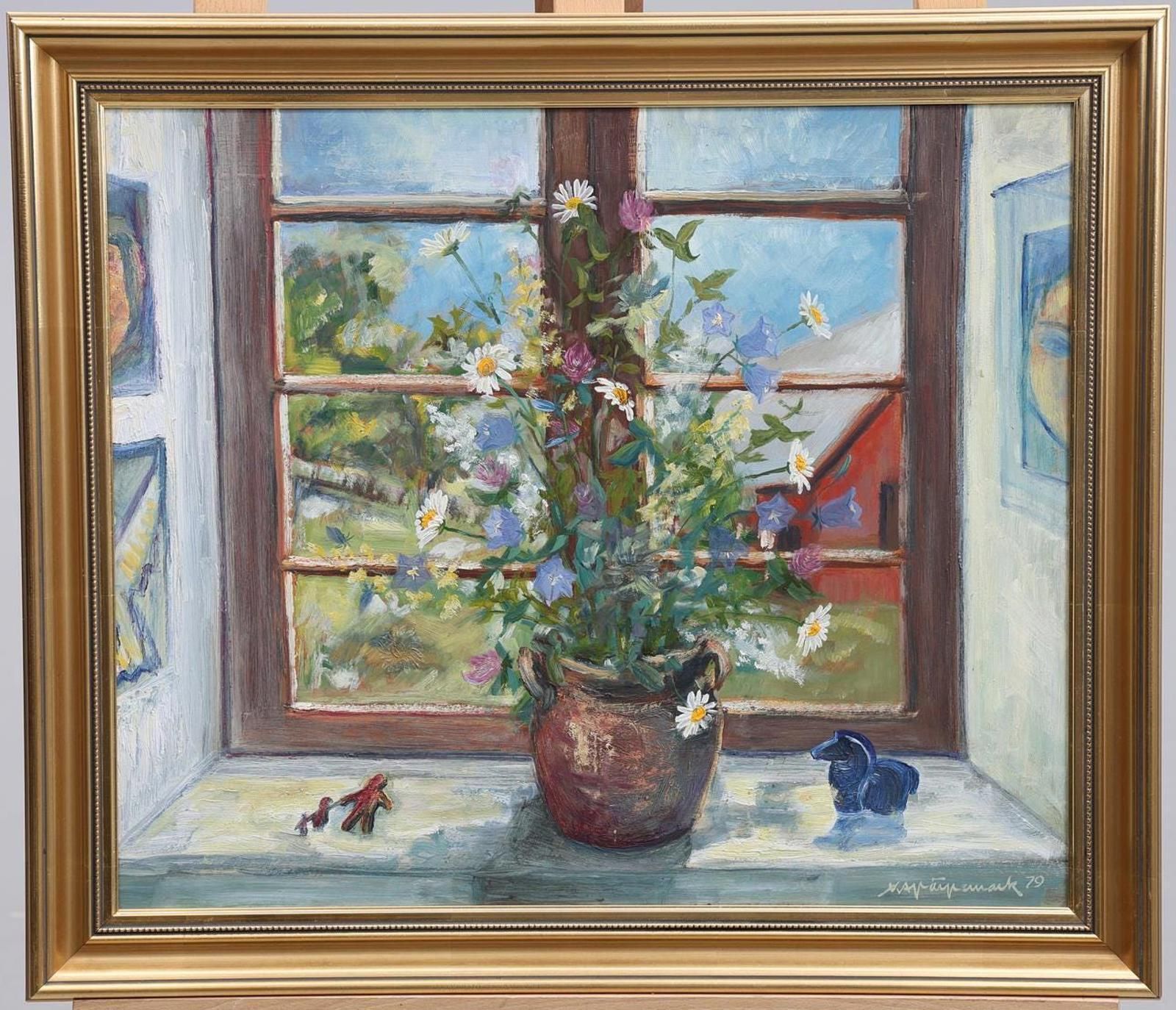 Original Mid Century Swedish Oil On Canvas – “Flowers By The Window” By Kaj Järpemark – Vintage & Framed – 64 × 56 Cm (25.2" × 22") photo furniture