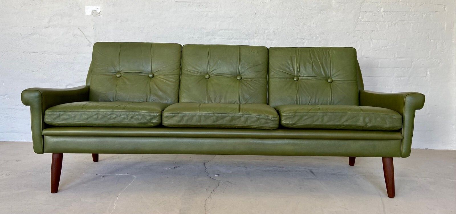 Vintage Danish  Retro Svend Skipper  3 Person Sofa In Olive Green  Leather