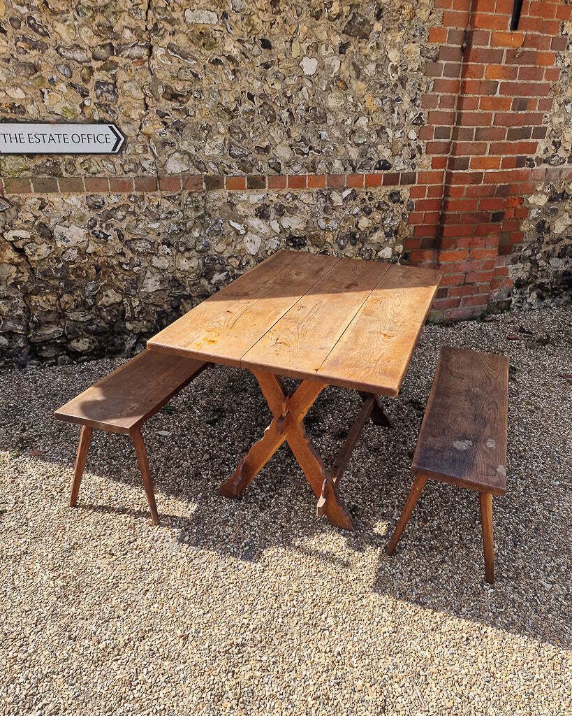 Rustic German Oak Trestle Table & Bench Set photo vinterior