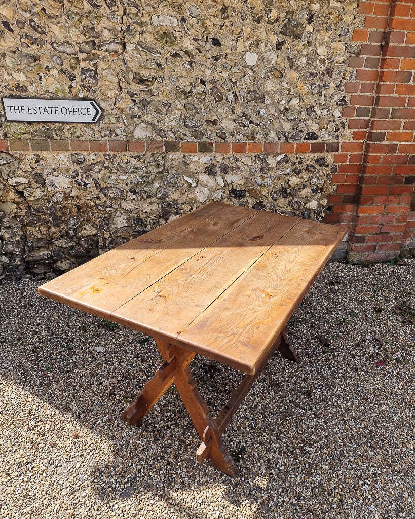 Furniture Rustic German Oak Trestle Table & Bench Set photo