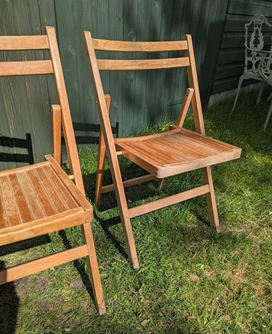 Pair Of Vintage Mod Beech Folding Garden Chairs photo for sale