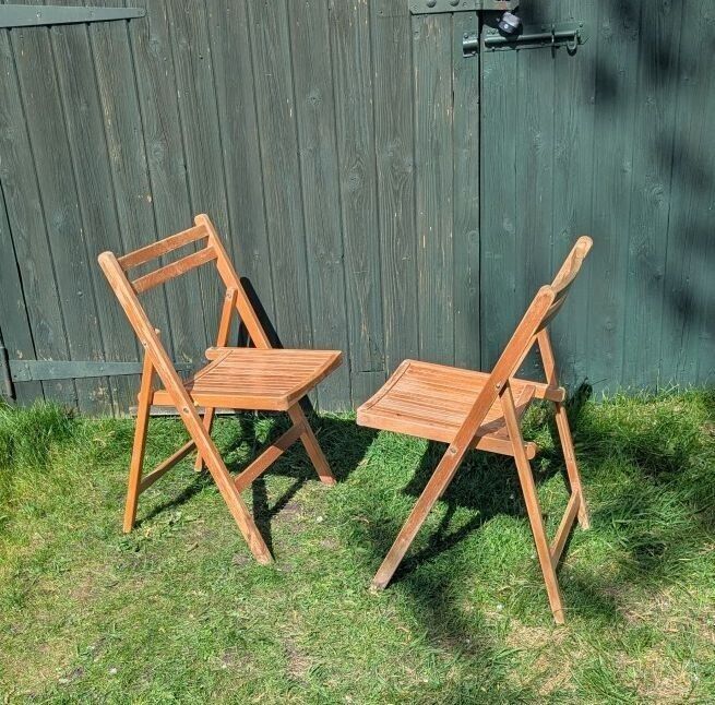 Pair Of Vintage Mod Beech Folding Garden Chairs photo buy