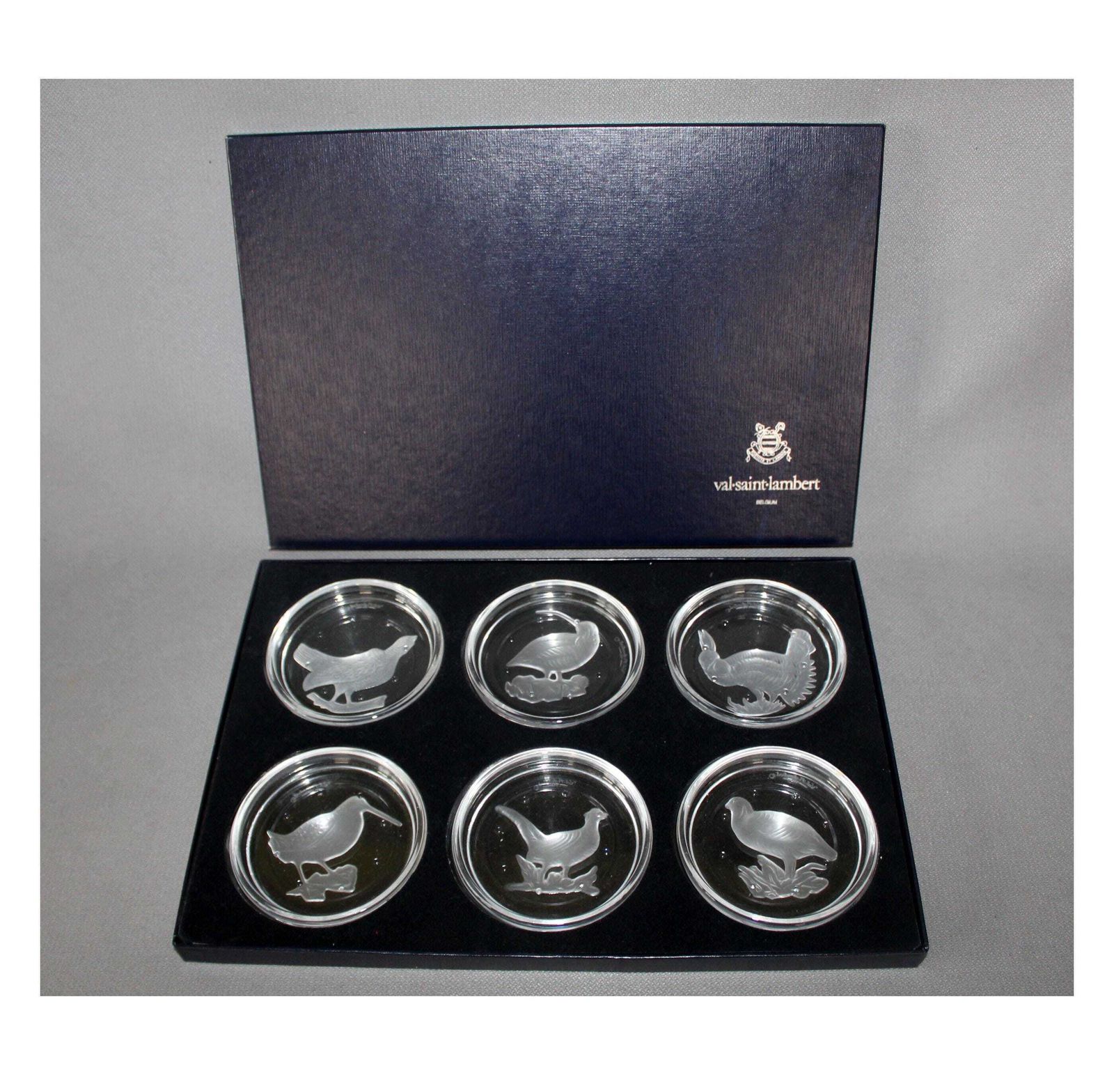 Set Of 6 Vintage Val Saint Lambert Crystal Glass Coaster, Original Box, Signed, Bird Game, Wild Birds, Pheasant, Belgium, Intaglio Design