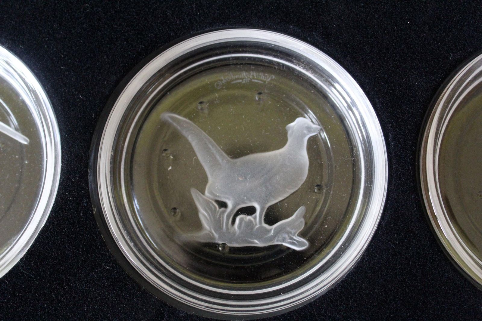 Set Of 6 Vintage Val Saint Lambert Crystal Glass Coaster, Original Box, Signed, Bird Game, Wild Birds, Pheasant, Belgium, Intaglio Design photo vintage