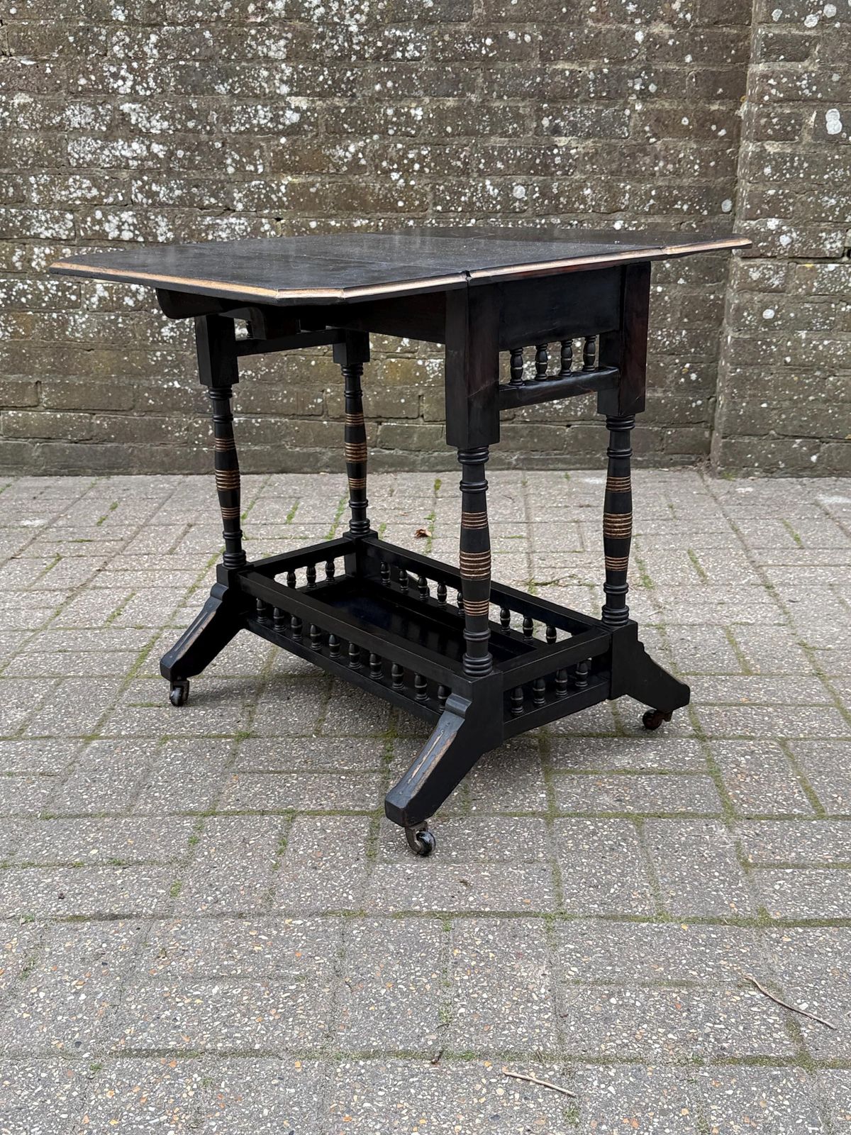 Vintage Chinoiserie Oriental Style Drop Leaf Table, Early 20th Century Ebonised Folding Side Table, Victorian Style On Castors photo furniture