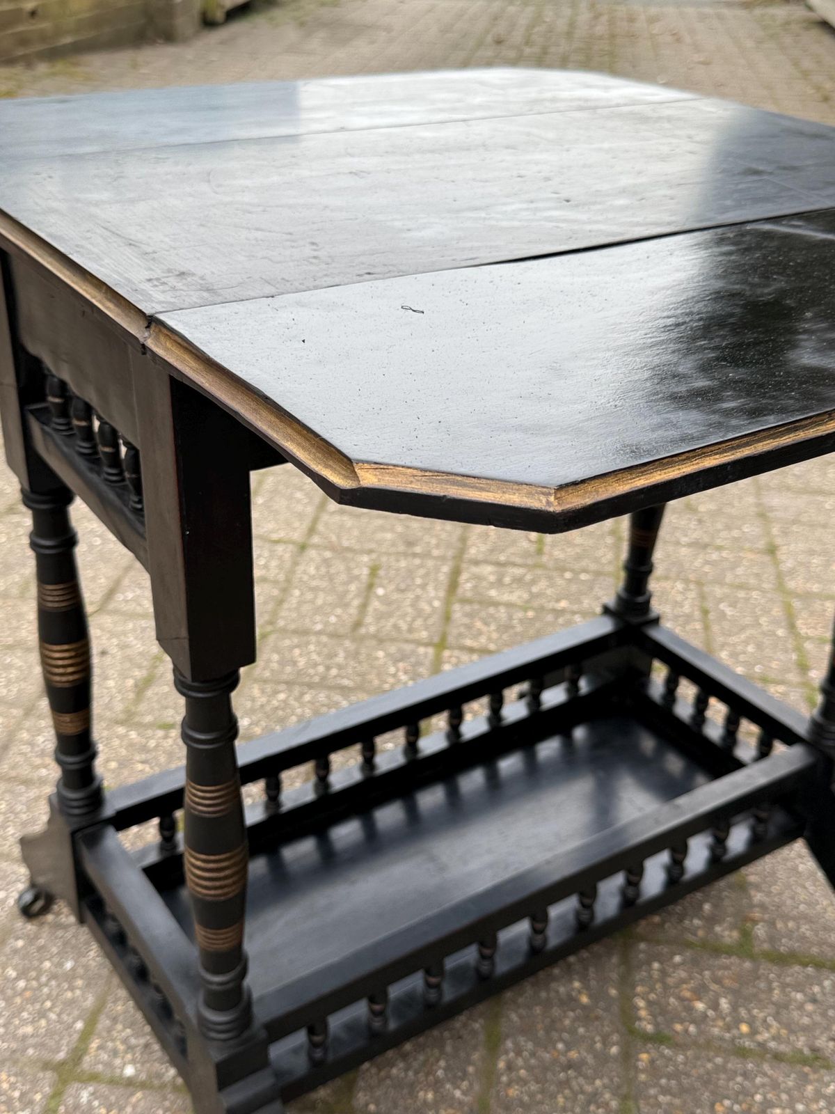 Vintage Chinoiserie Oriental Style Drop Leaf Table, Early 20th Century Ebonised Folding Side Table, Victorian Style On Castors photo vinterior