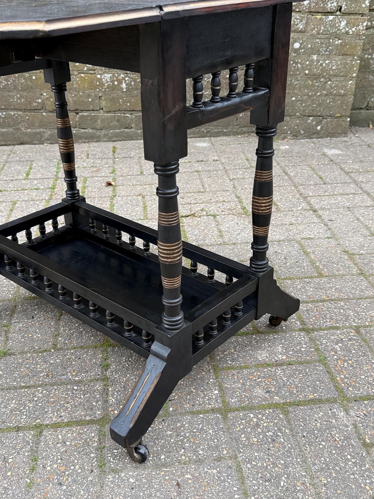 Vintage Chinoiserie Oriental Style Drop Leaf Table, Early 20th Century Ebonised Folding Side Table, Victorian Style On Castors photo vintage