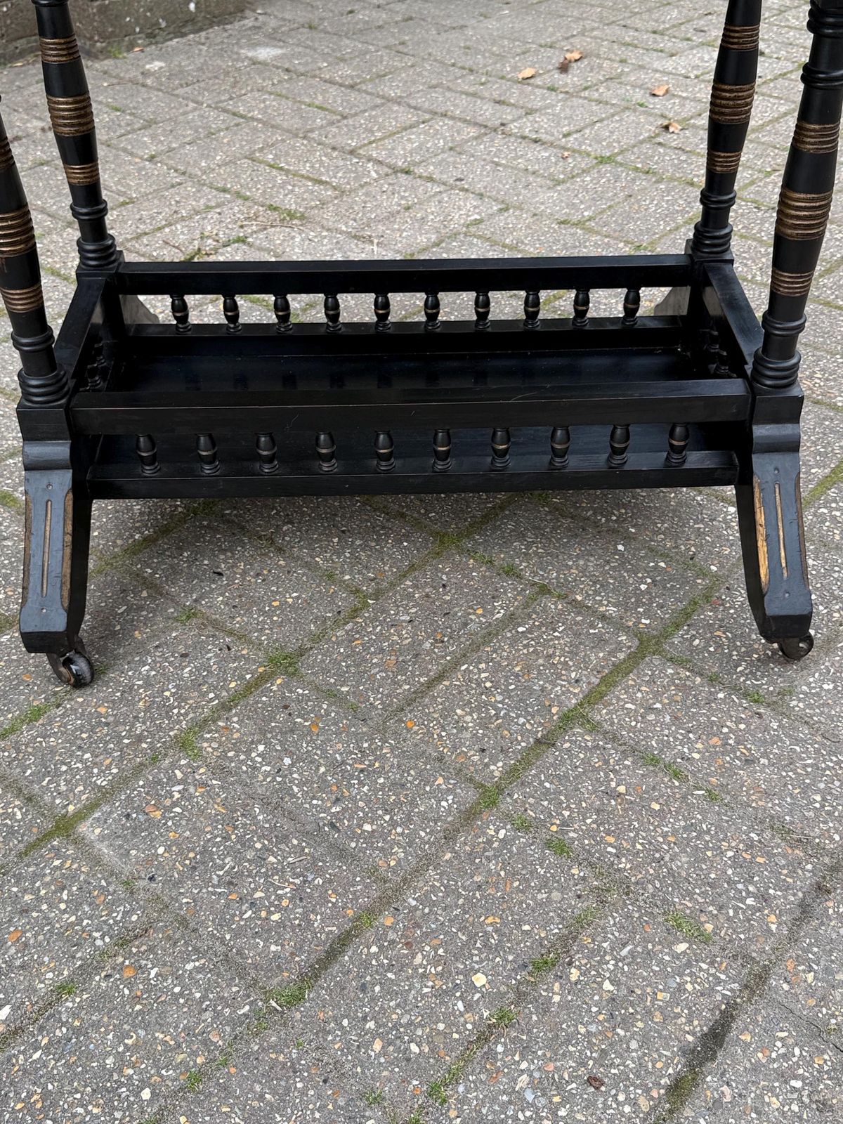 295.0 Vintage Chinoiserie Oriental Style Drop Leaf Table, Early 20th Century Ebonised Folding Side Table, Victorian Style On Castors photo