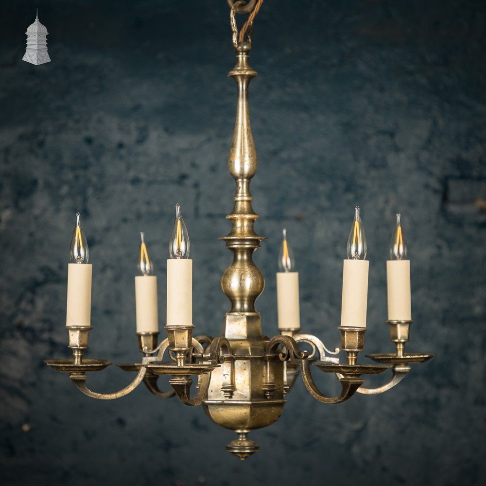 Antique Brass Six Light Candle Chandelier photo for sale