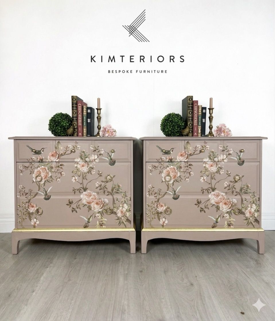Stag Pink Blossom Tweet Oversized Bedside Cabinets | Vintage Pair