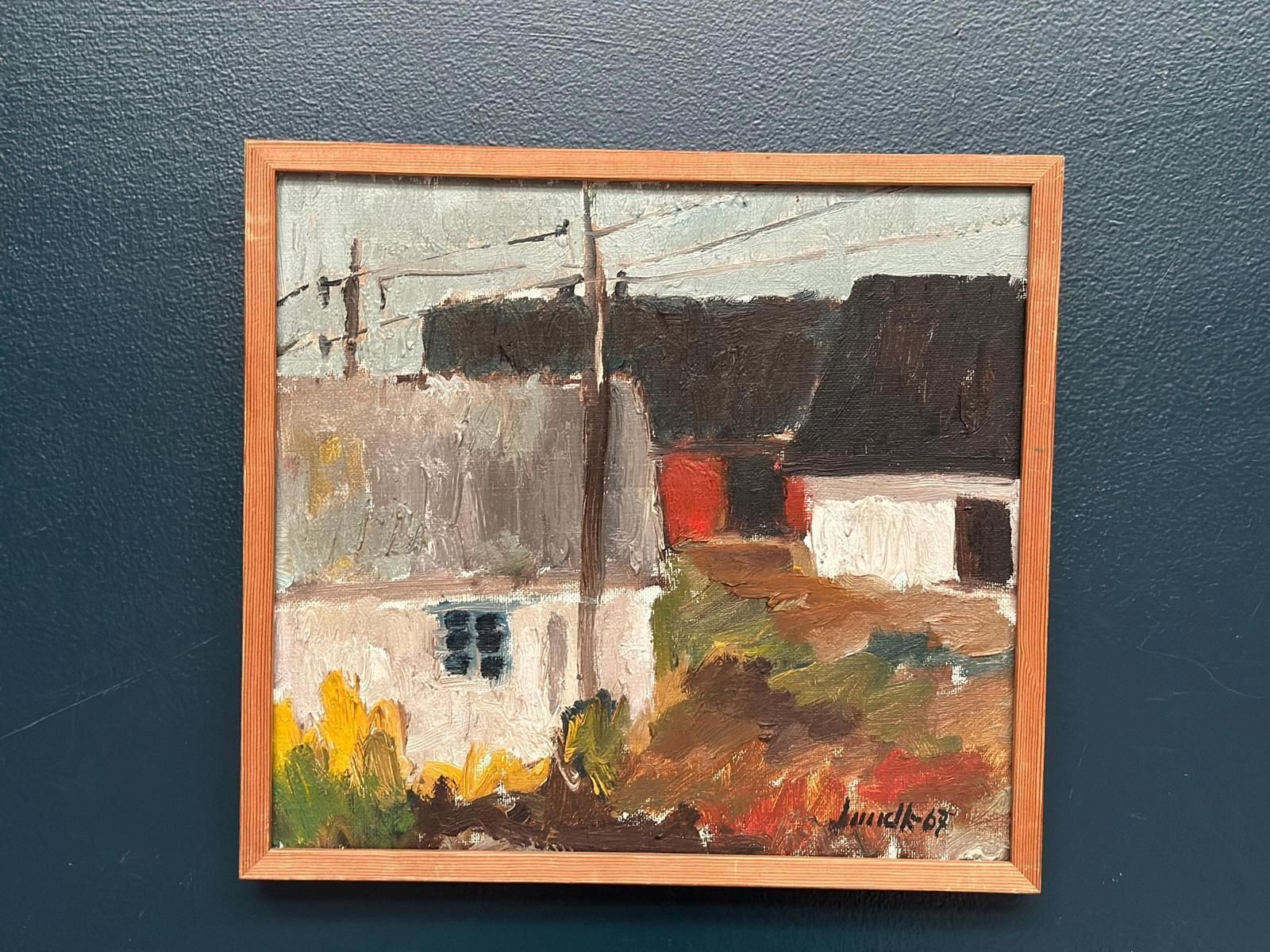 Original Mid Century Swedish Oil On Canvas – “Among The Houses” By Karl Bertil Lundh –1967 – Vintage & Framed – 32 × 35 Cm (12.6" × 13.8") photo Art
