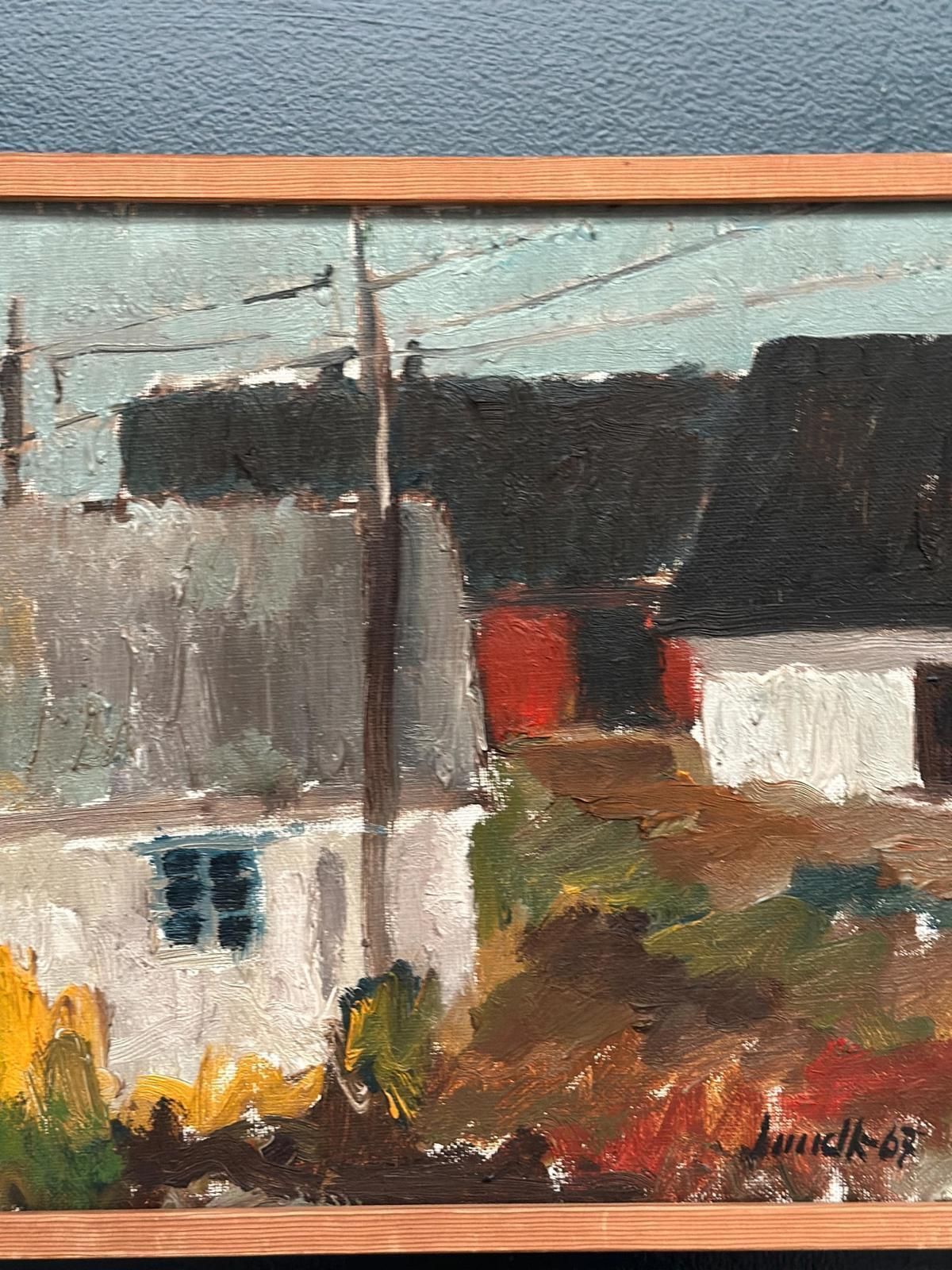 Original Mid Century Swedish Oil On Canvas – “Among The Houses” By Karl Bertil Lundh –1967 – Vintage & Framed – 32 × 35 Cm (12.6" × 13.8") photo vinterior