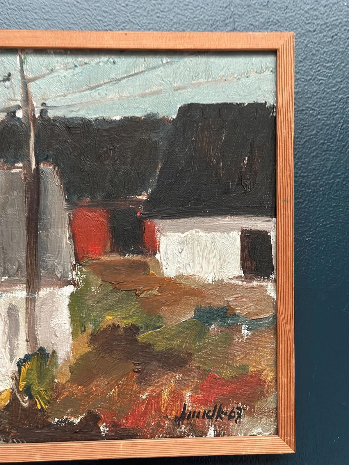 Original Mid Century Swedish Oil On Canvas – “Among The Houses” By Karl Bertil Lundh –1967 – Vintage & Framed – 32 × 35 Cm (12.6" × 13.8") photo buy