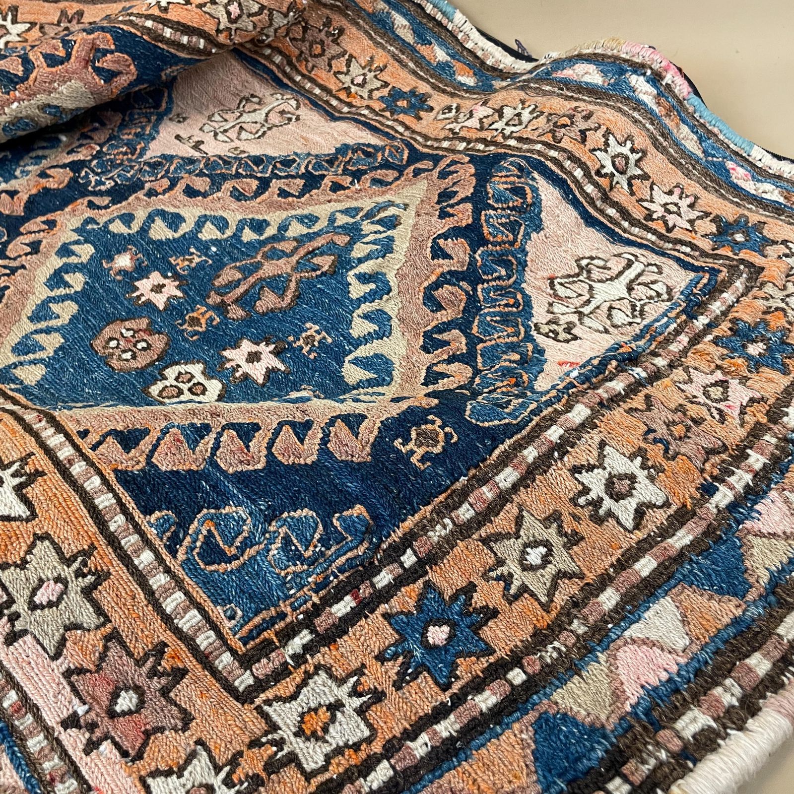 Blue Pink Cushion Cover Large Kilim Style Pillow Geometric Handwoven Rug Textile Middle Eastern Pillow Cover Sofa Decor Accent Pillow photo for sale