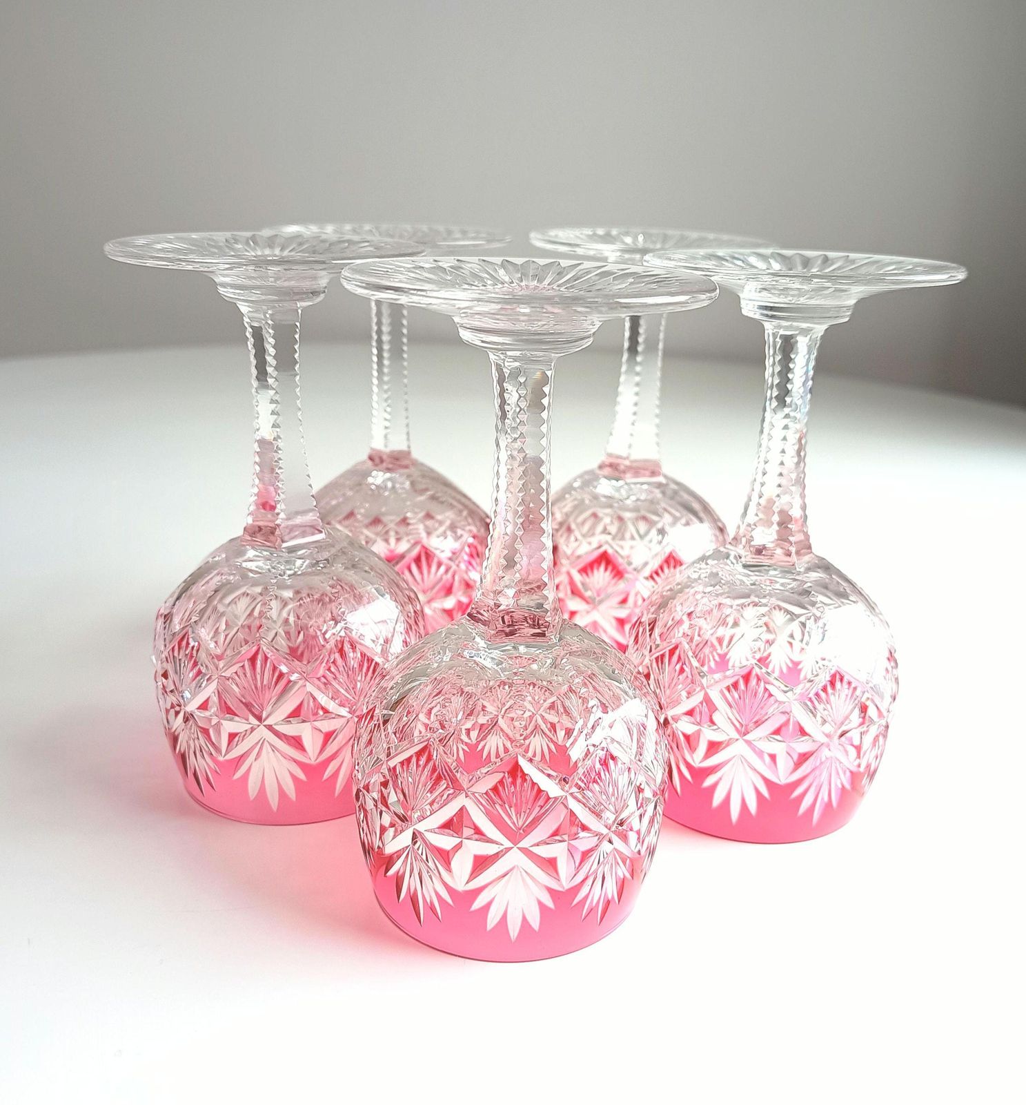 photo for sale Art Deco English Cut Crystal Wine Glasses: 5 Strawberry Pink, Walsh Walsh, Birmingham 1930s