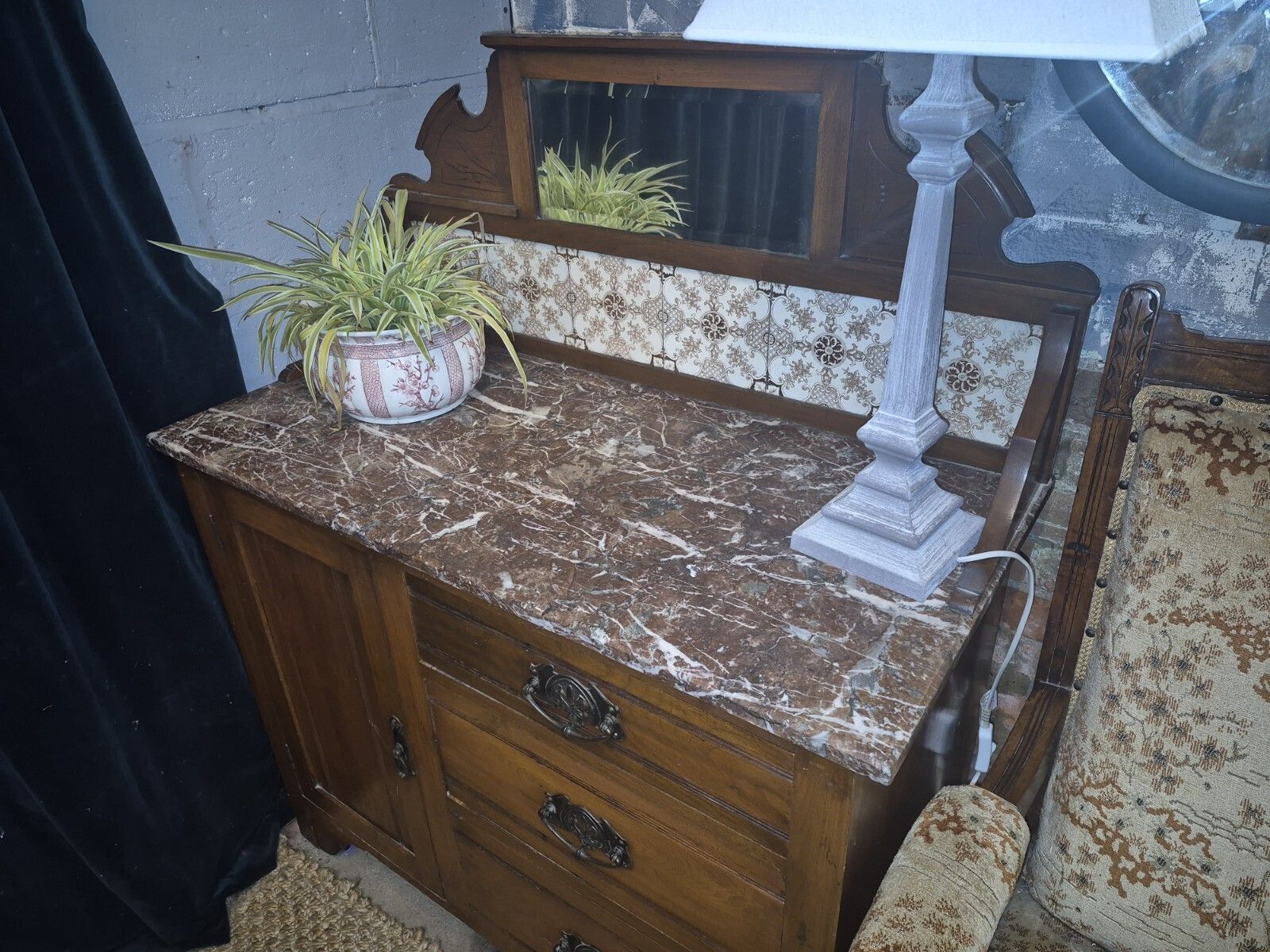 photo furniture Fab Vintage Edwardian Italian Breccia Medicia Marble Top Minton Tile Washstand