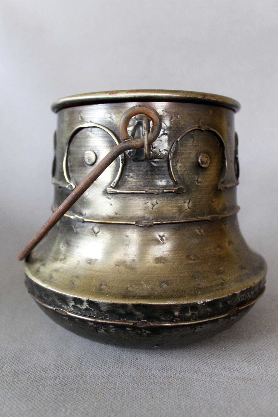 Large Vintage Iron And Metal Cauldron Pot Or Planter, Iron Handle, Folk Art Style, Rustic Design, Embossed, Jardiniere, Home Garden Decor photo buy