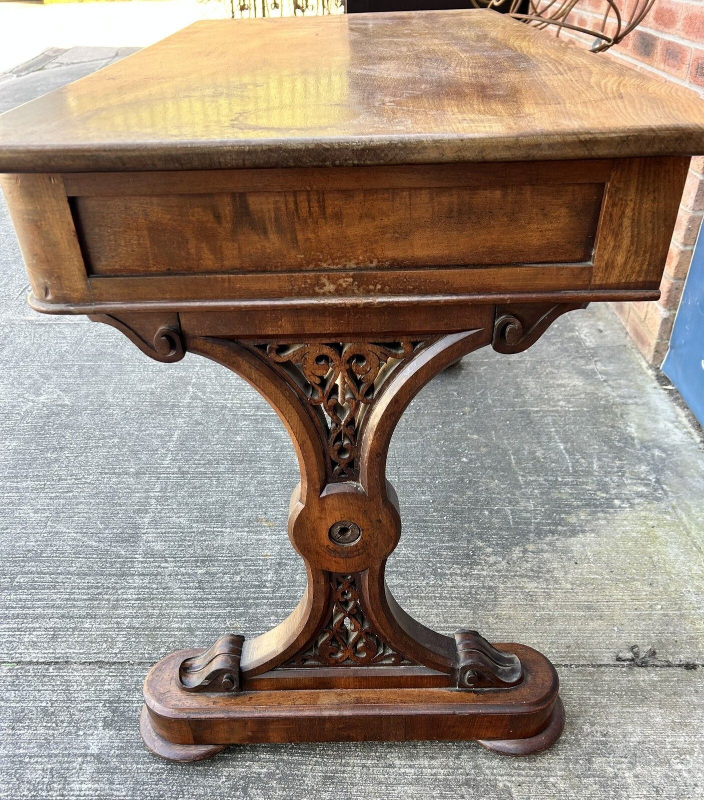 Antique Victorian Mahogany & Walnut Console Table Desk Pugin Gothic Revival photo vintage