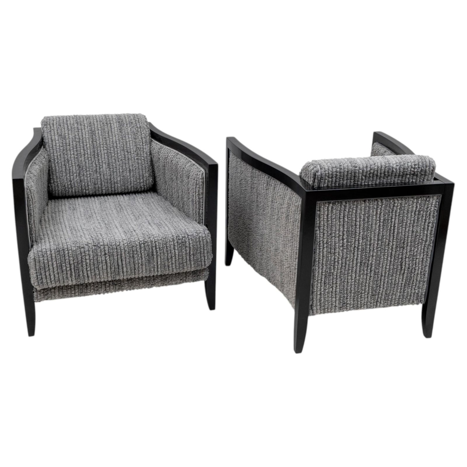 Pair Of Italian Art Deco Style Armchairs Black Lacquered Wood And Ribbed Velvet