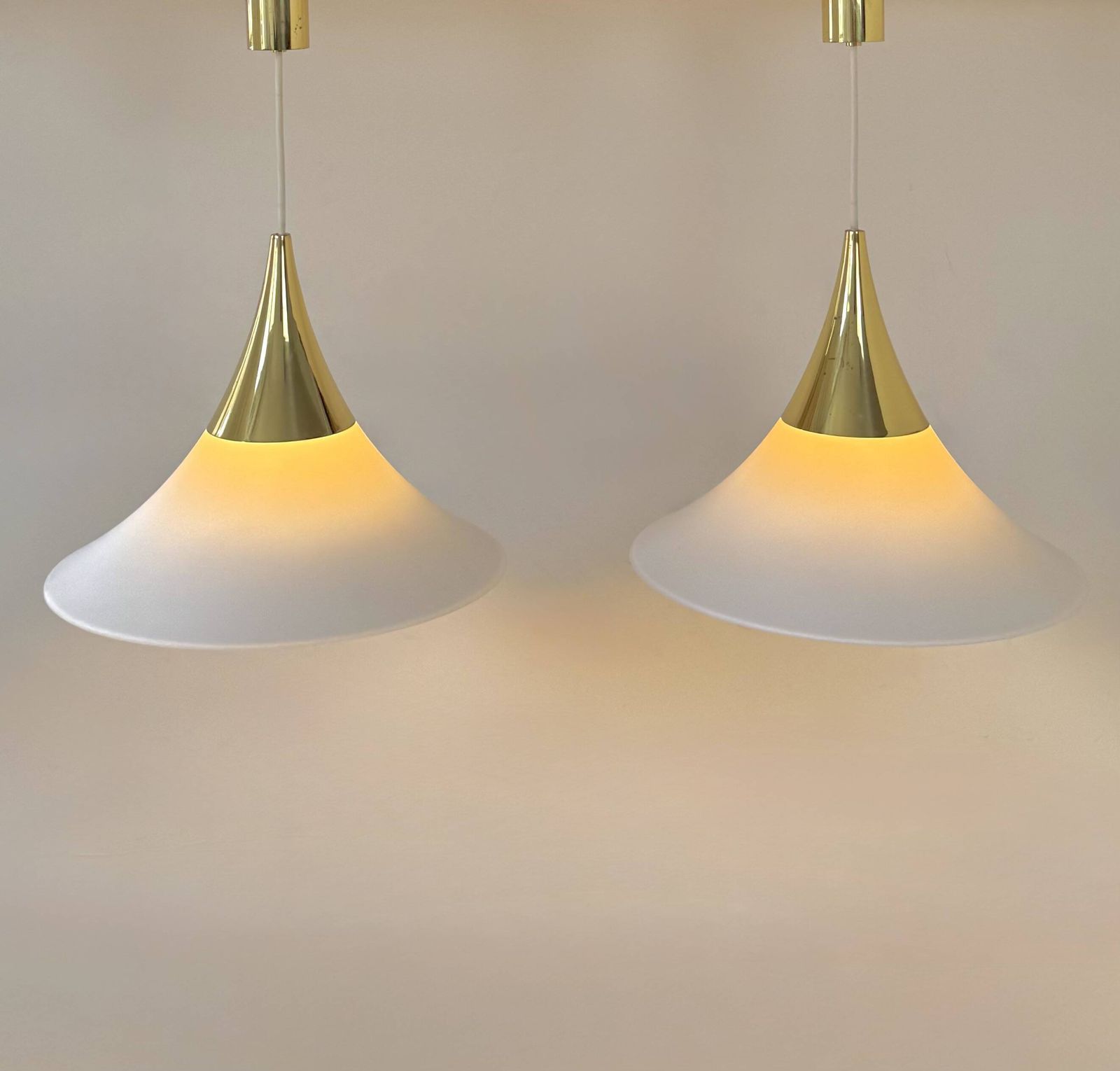 Pair Of Limburg Pendant Lights In Brass And Opaline Glass, Germany, 1970 photo furniture