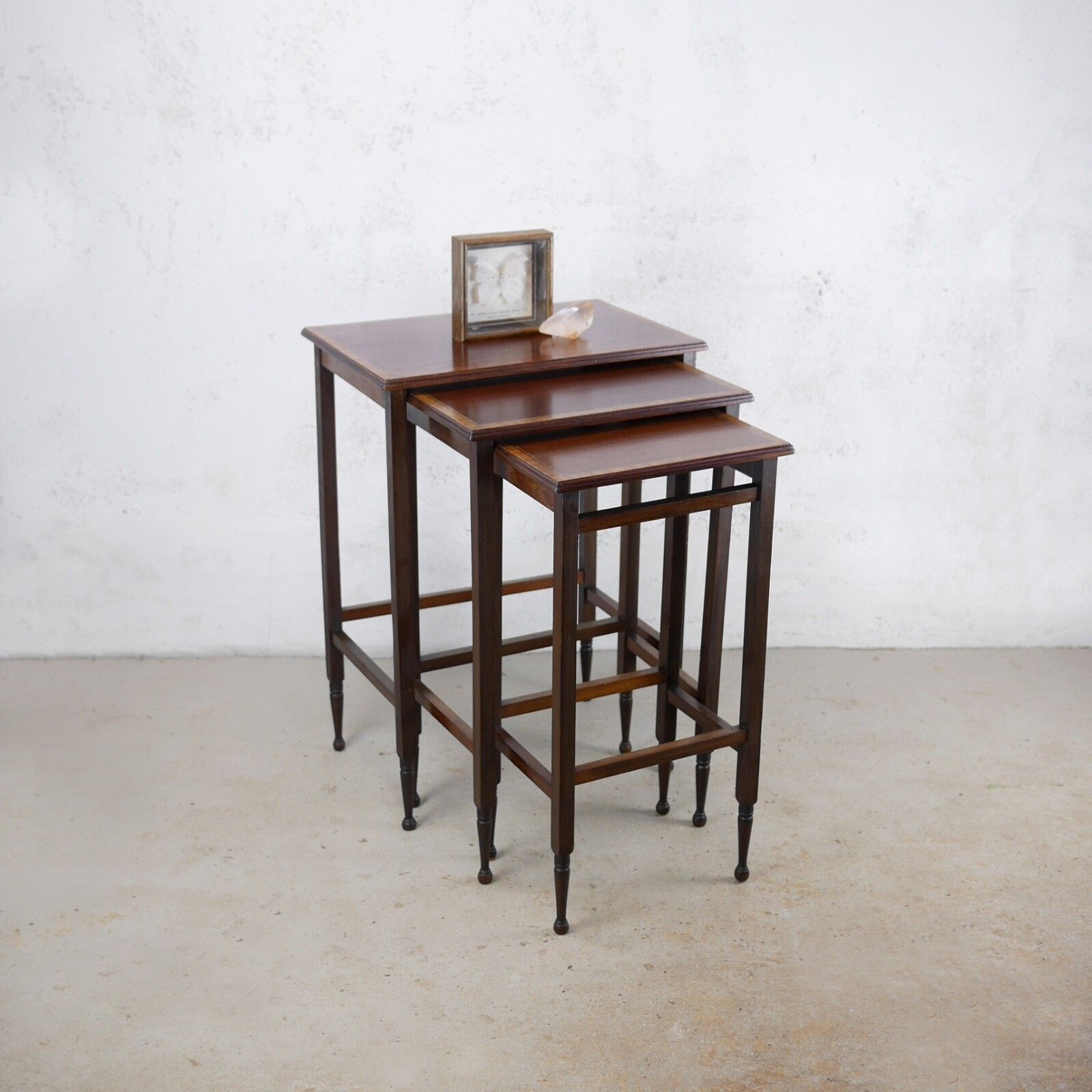 Antique Nest Of 3 Walnut Tables English Inlaid Occasional Edwardian #103131 photo Furniture
