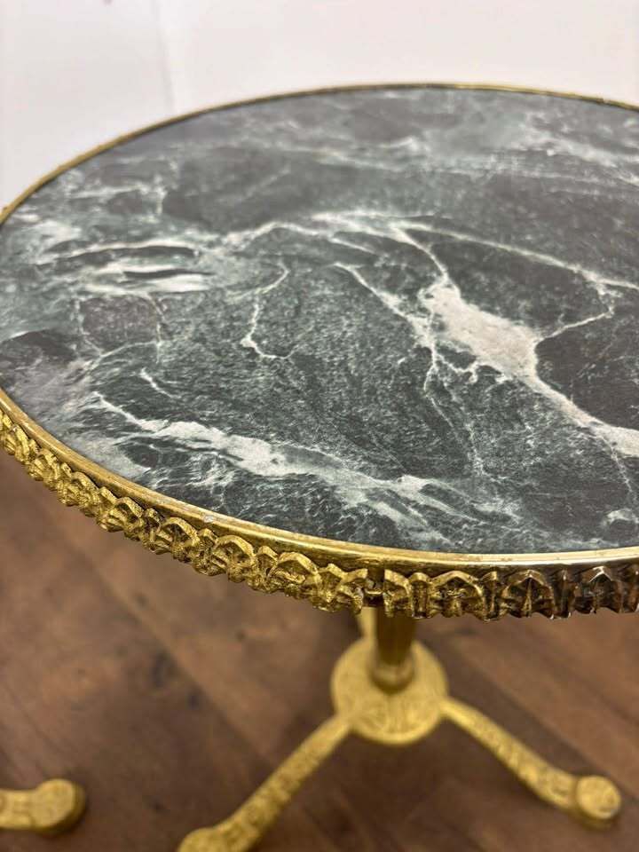 Pair Of Circular Gilt Based Tripod Wine Tables With Faux Marble Tops photo buy