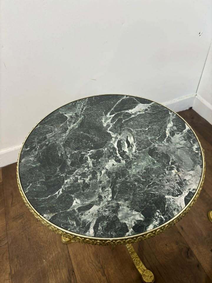 photo vinterior Pair Of Circular Gilt Based Tripod Wine Tables With Faux Marble Tops