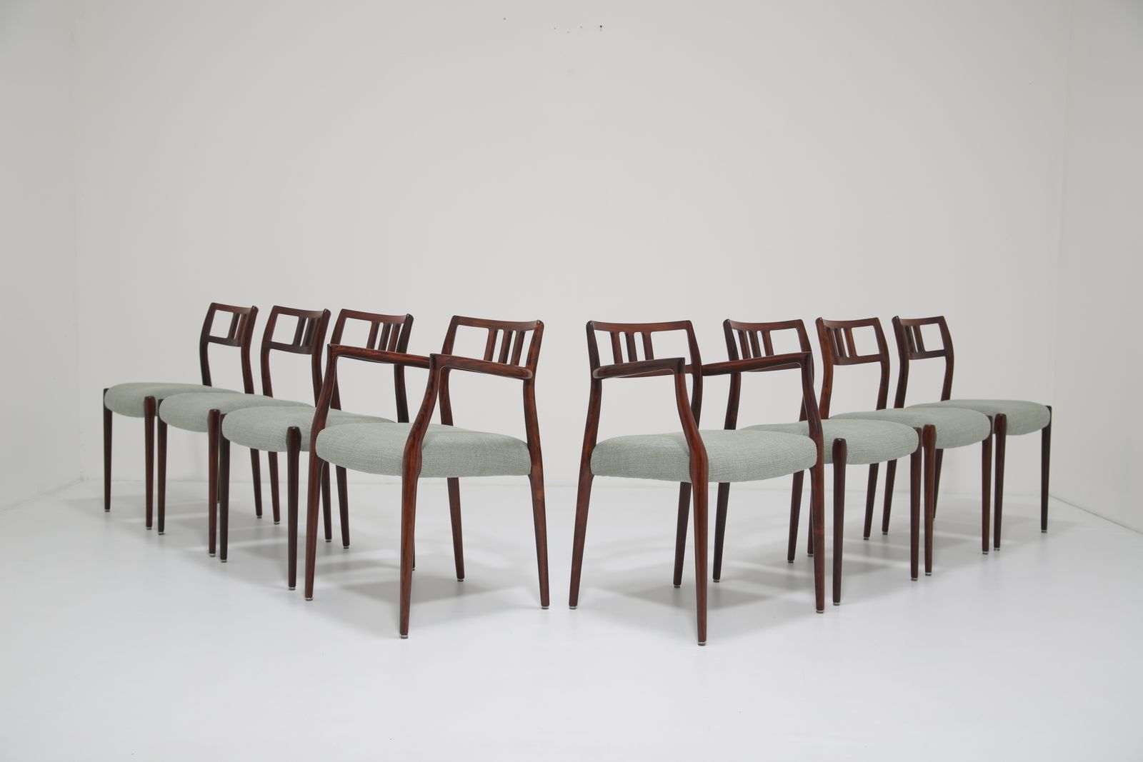 Chaises de salle à manger Niels Otto Moller Model 64 & 79, lot de 8, en palissandre massif et lin naturel pour J.L. Mollers Mobelfabrik, années 1960 photo vintage