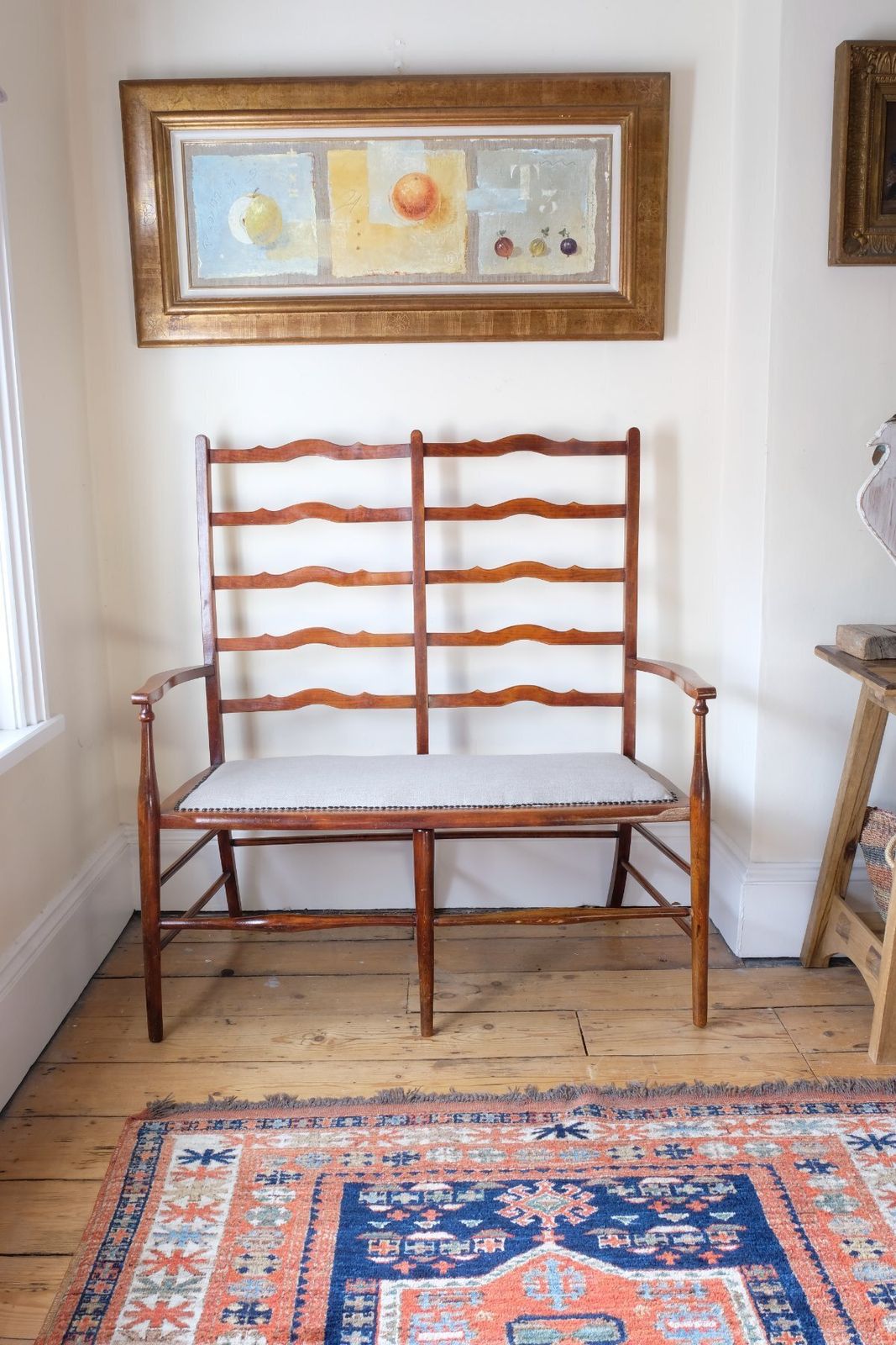 19th Century English Beech Ladder Back Bench With Horsehair Seat photo furniture