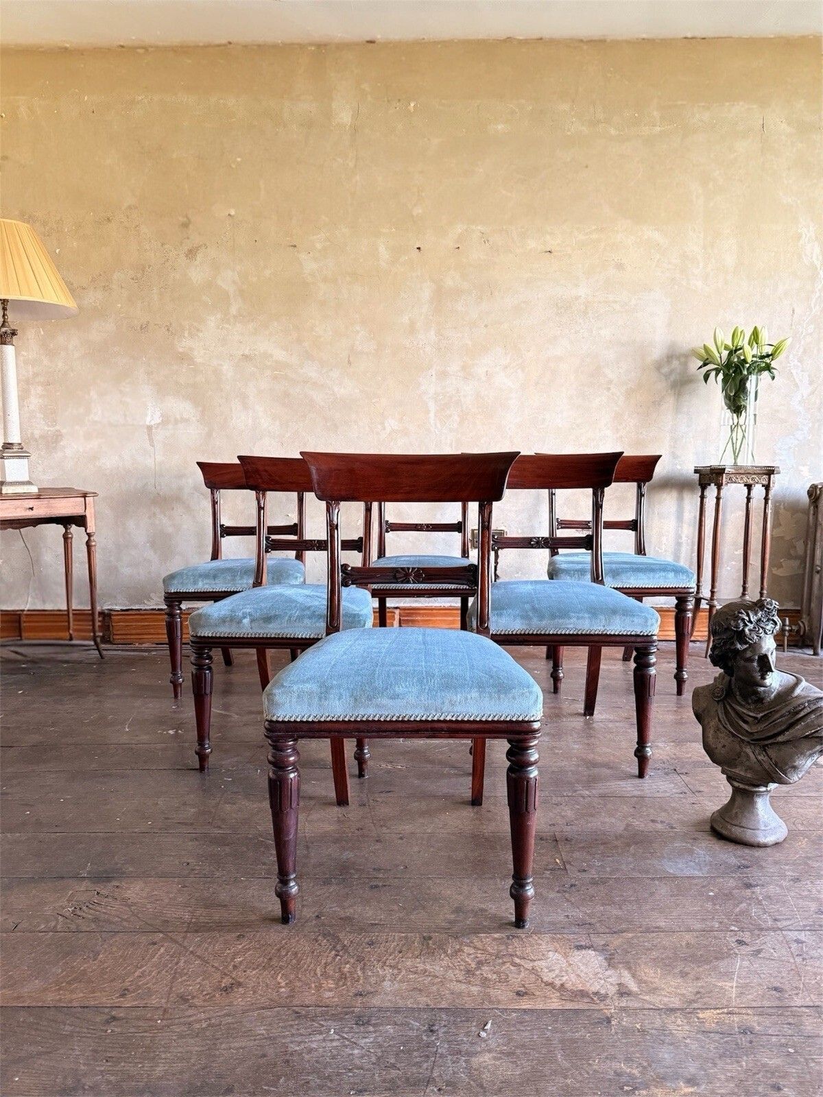 English Matching Set Of 6 Antique Mahogany Regency Blue Dining Chairs 1820c