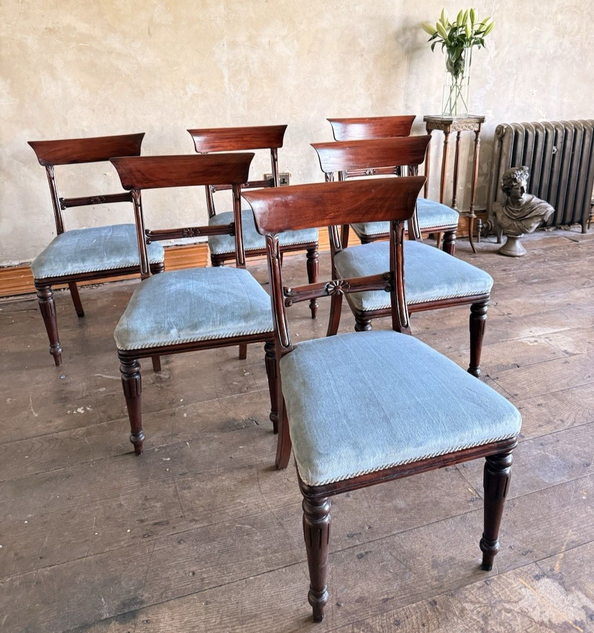 English Matching Set Of 6 Antique Mahogany Regency Blue Dining Chairs 1820c photo for sale