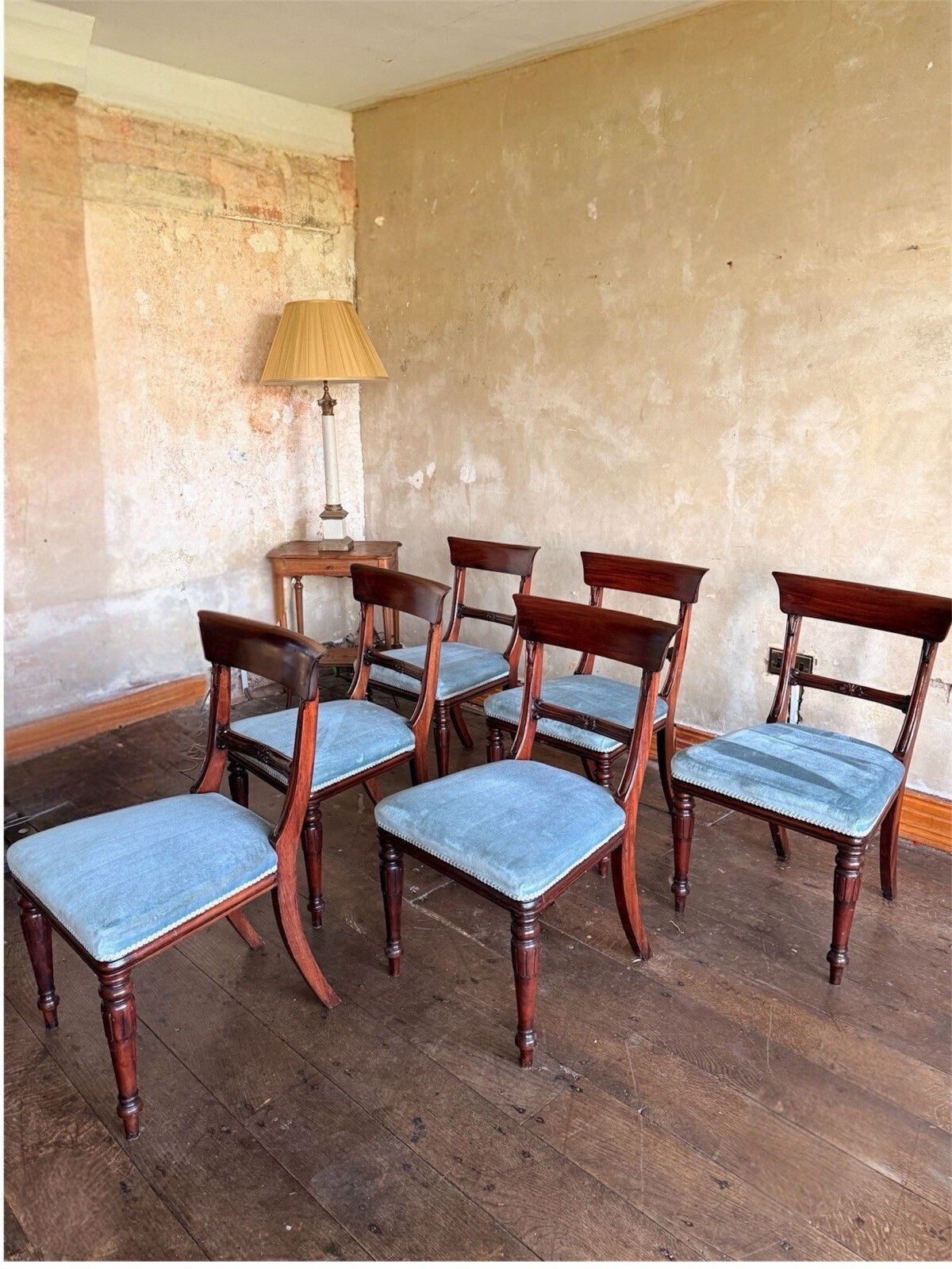 English Matching Set Of 6 Antique Mahogany Regency Blue Dining Chairs 1820c photo Furniture
