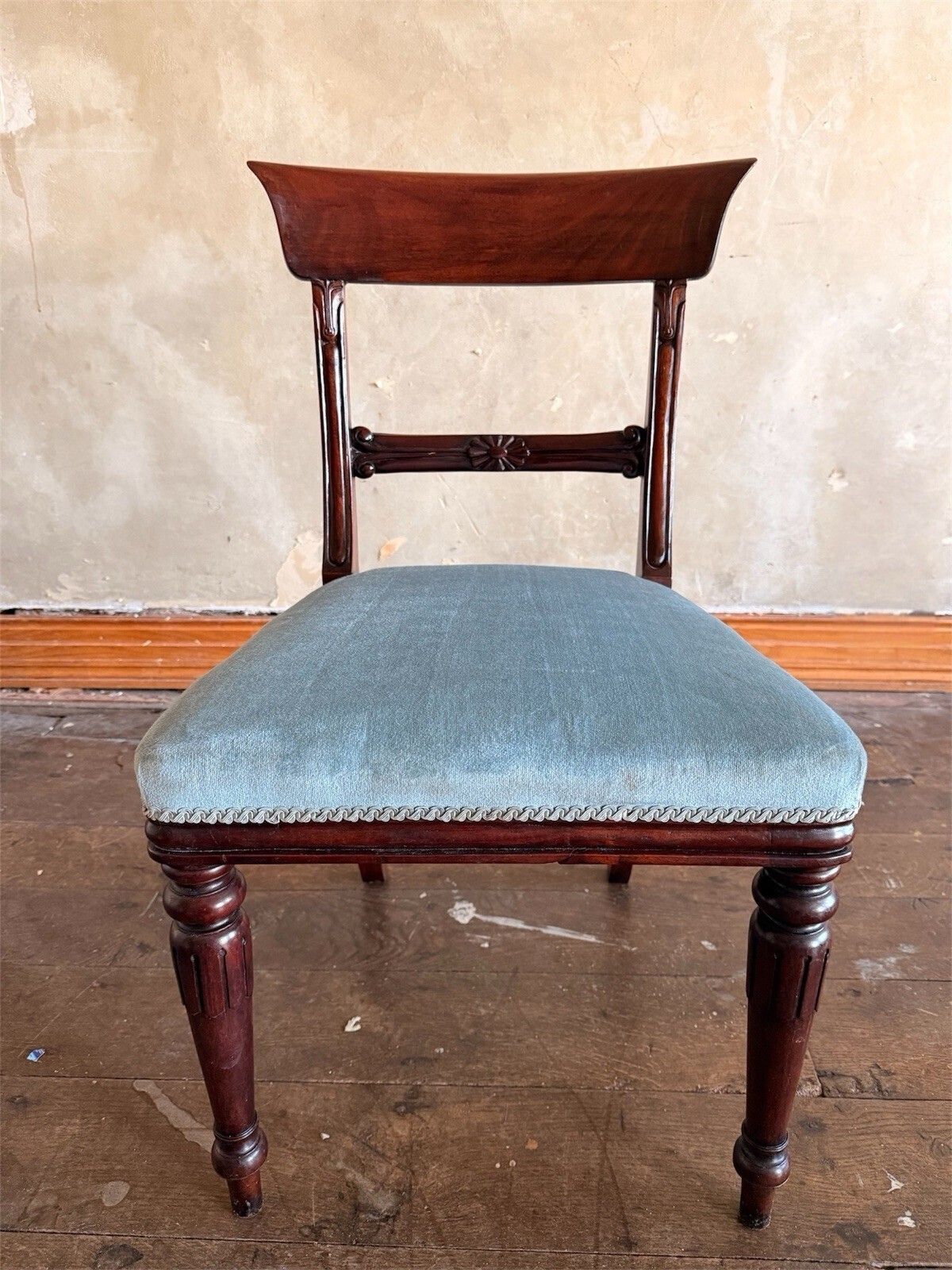 999.0 English Matching Set Of 6 Antique Mahogany Regency Blue Dining Chairs 1820c photo