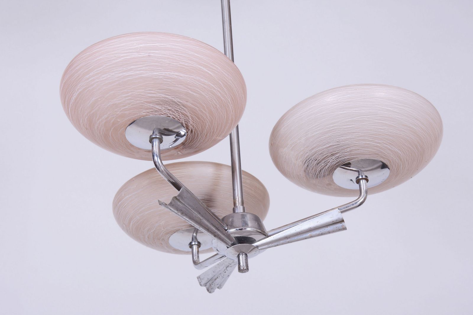 Restored Art Deco Chandelier, Chrome Plated Steel, Marble Glass, Czech, 1920s photo for sale