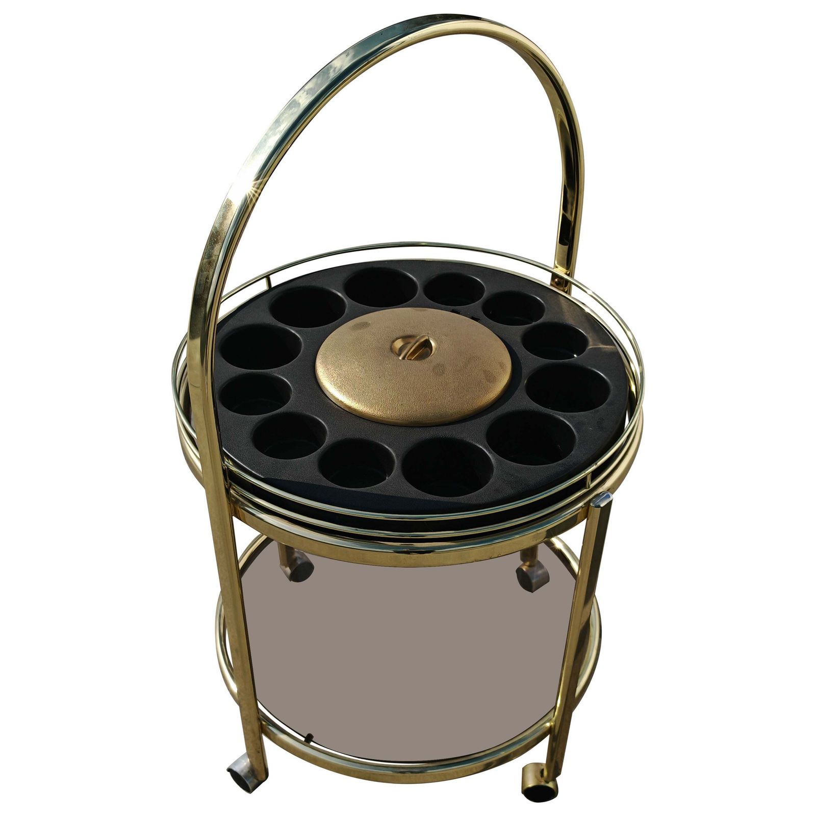Mid Century Modern Round Bar Cart In Brass Plated Metal, Germany 1970s