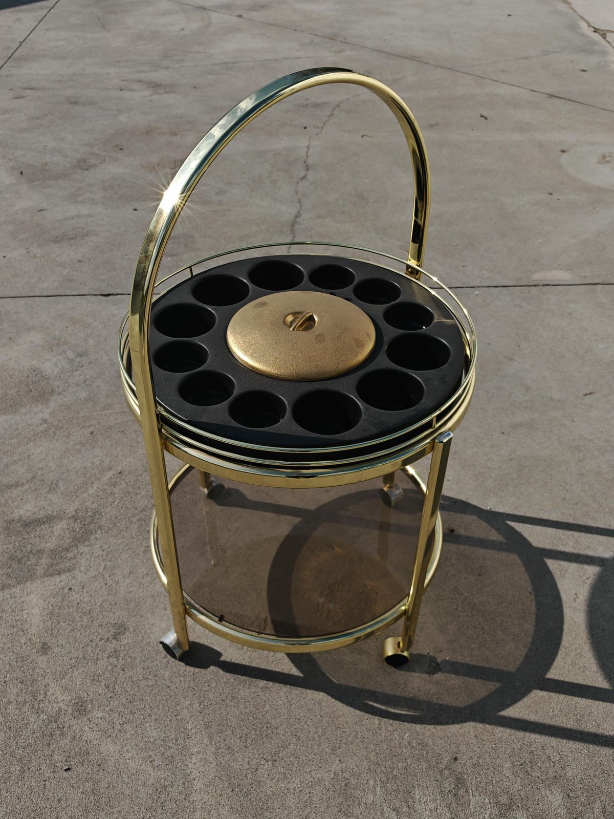 Mid Century Modern Round Bar Cart In Brass Plated Metal, Germany 1970s photo buy