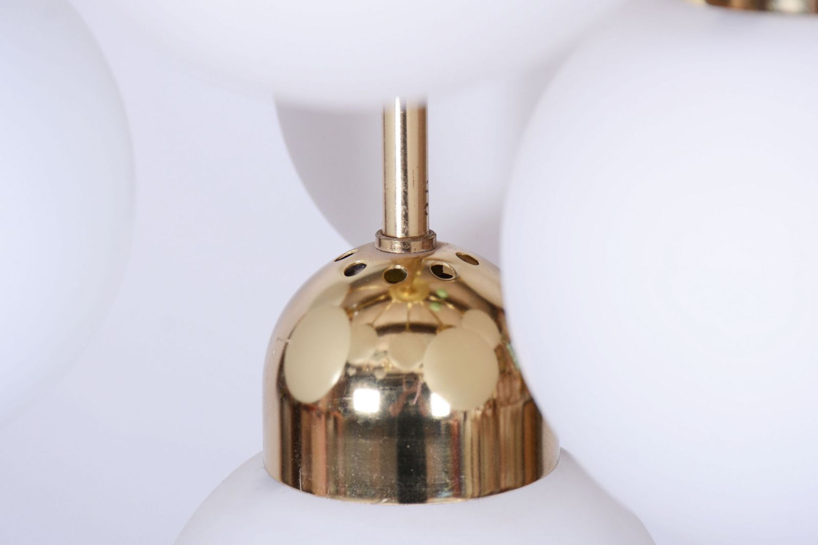 Restored Mid Century Chandelier, Brass, Opaline Glass, Cleaned, Czech, 1950s photo 1700.0