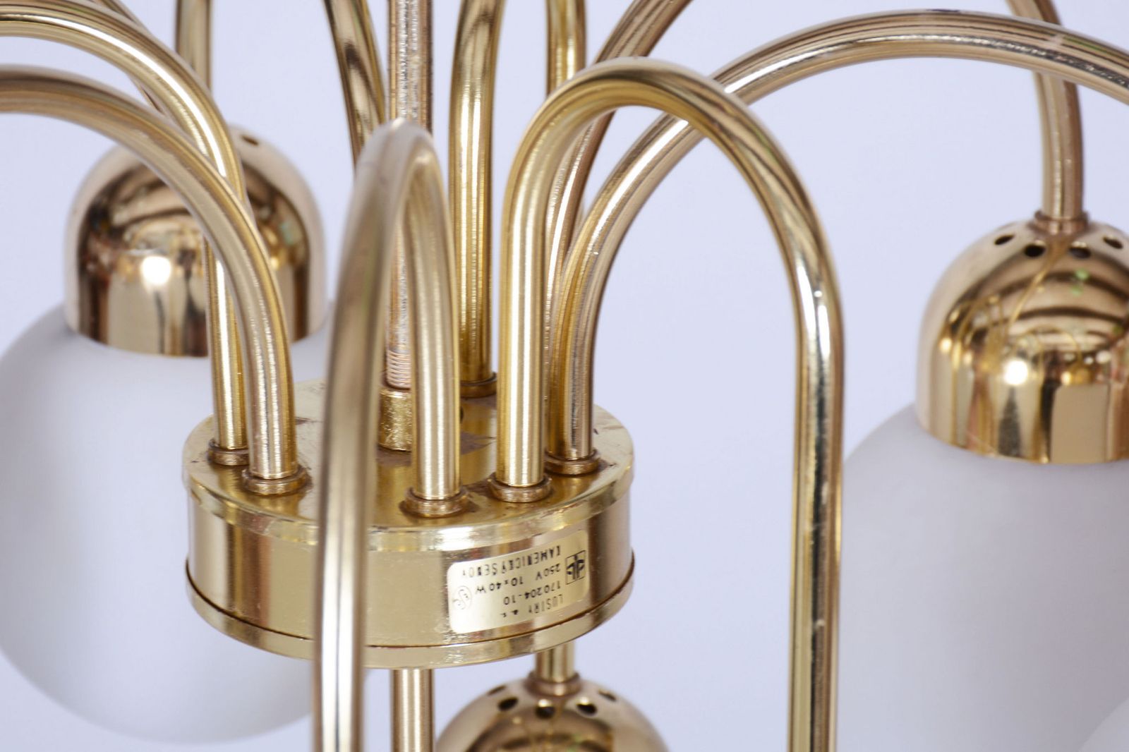 Restored Mid Century Chandelier, Brass, Opaline Glass, Cleaned, Czech, 1950s photo vintage