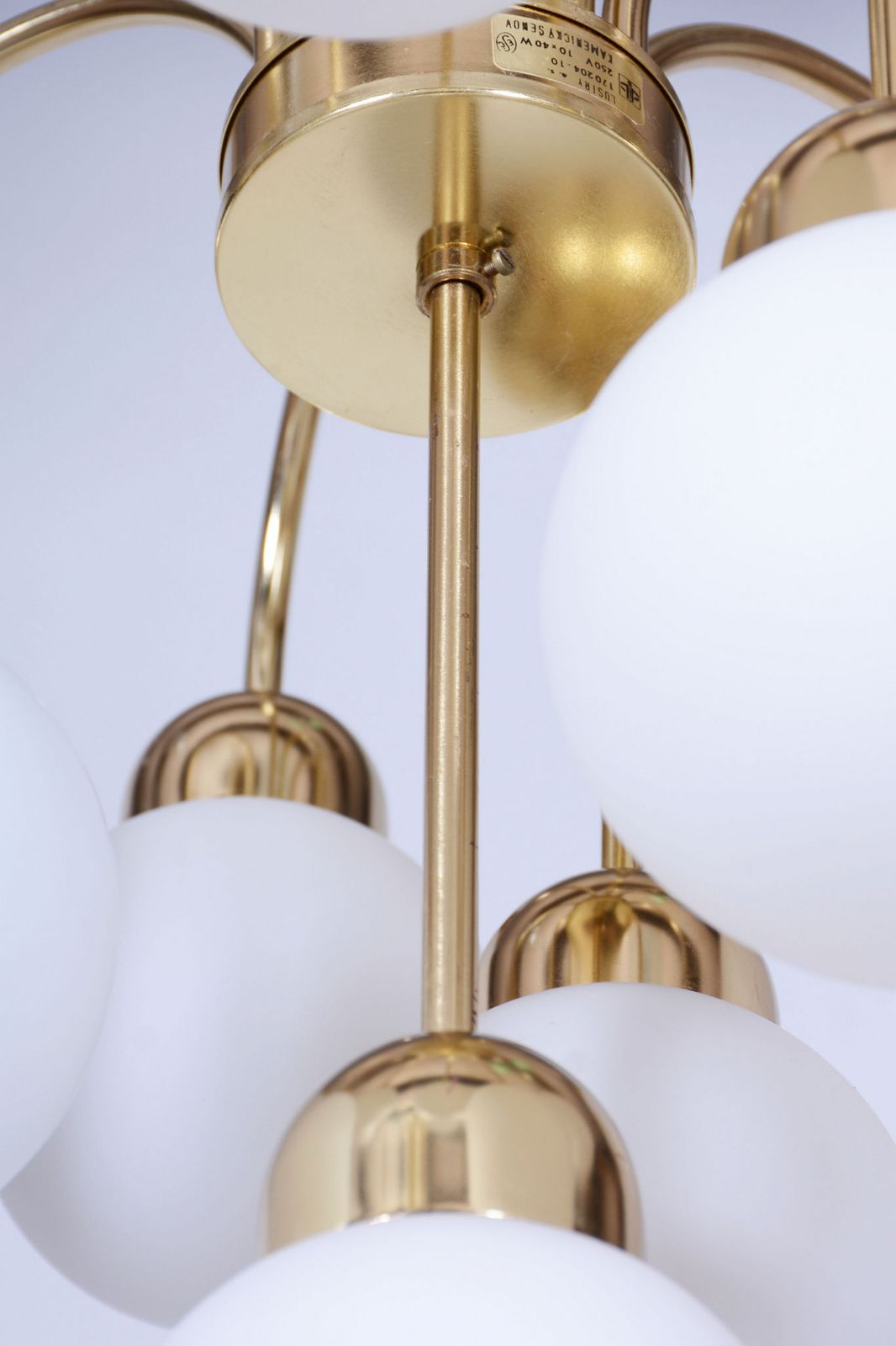 photo furniture Restored Mid Century Chandelier, Brass, Opaline Glass, Cleaned, Czech, 1950s