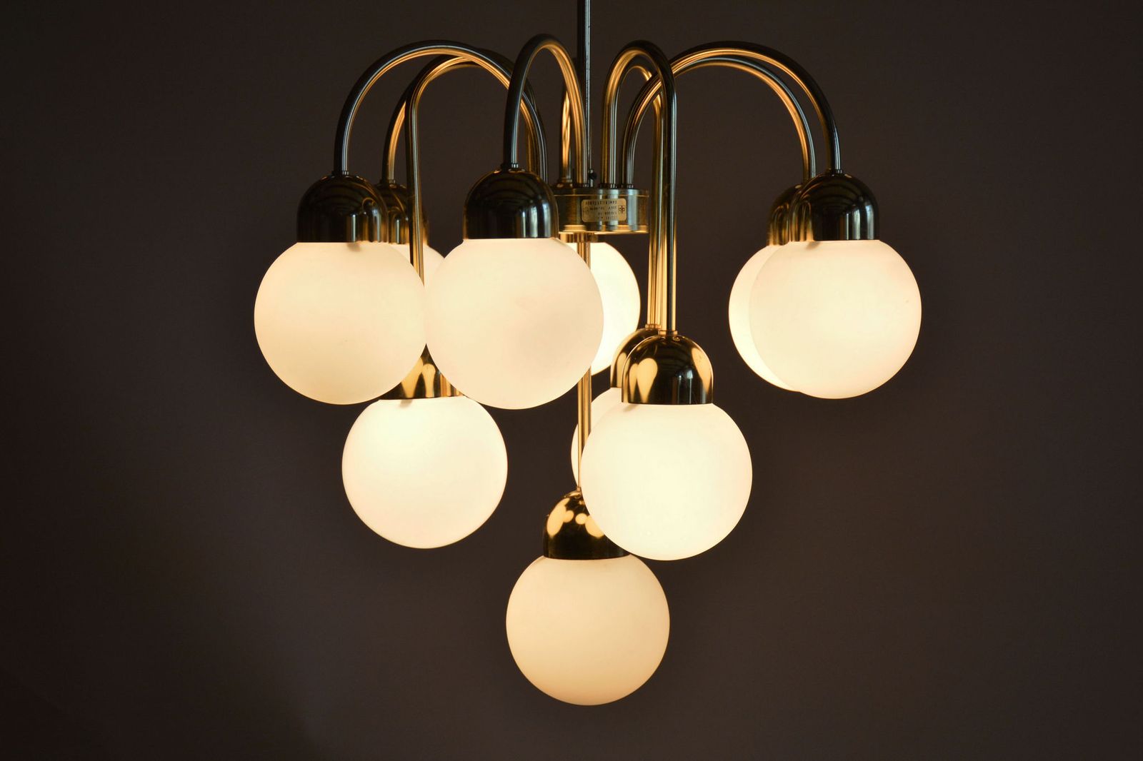 Lighting Restored Mid Century Chandelier, Brass, Opaline Glass, Cleaned, Czech, 1950s photo