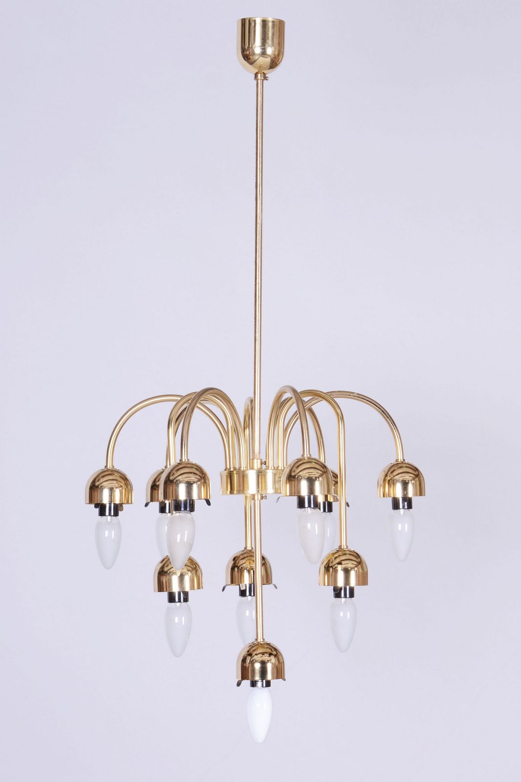 1700.0 Restored Mid Century Chandelier, Brass, Opaline Glass, Cleaned, Czech, 1950s photo
