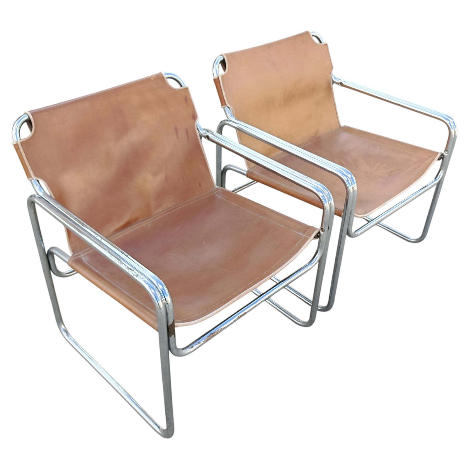 Pair Of Bauhaus Style Tubular Lounge Chairs In Cognac Leather, Jox Interni 1970s
