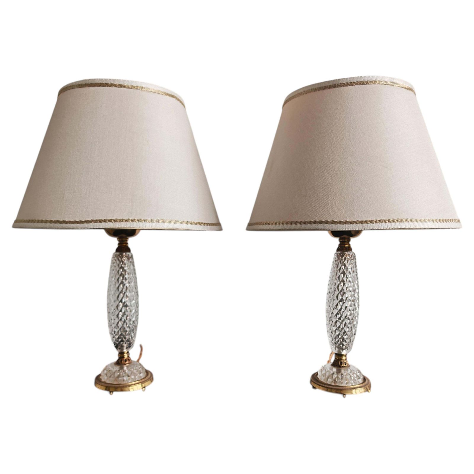 Pair Of Late Arf Deco Table Lamps In Cut Crystal And Bronze, France 1940s