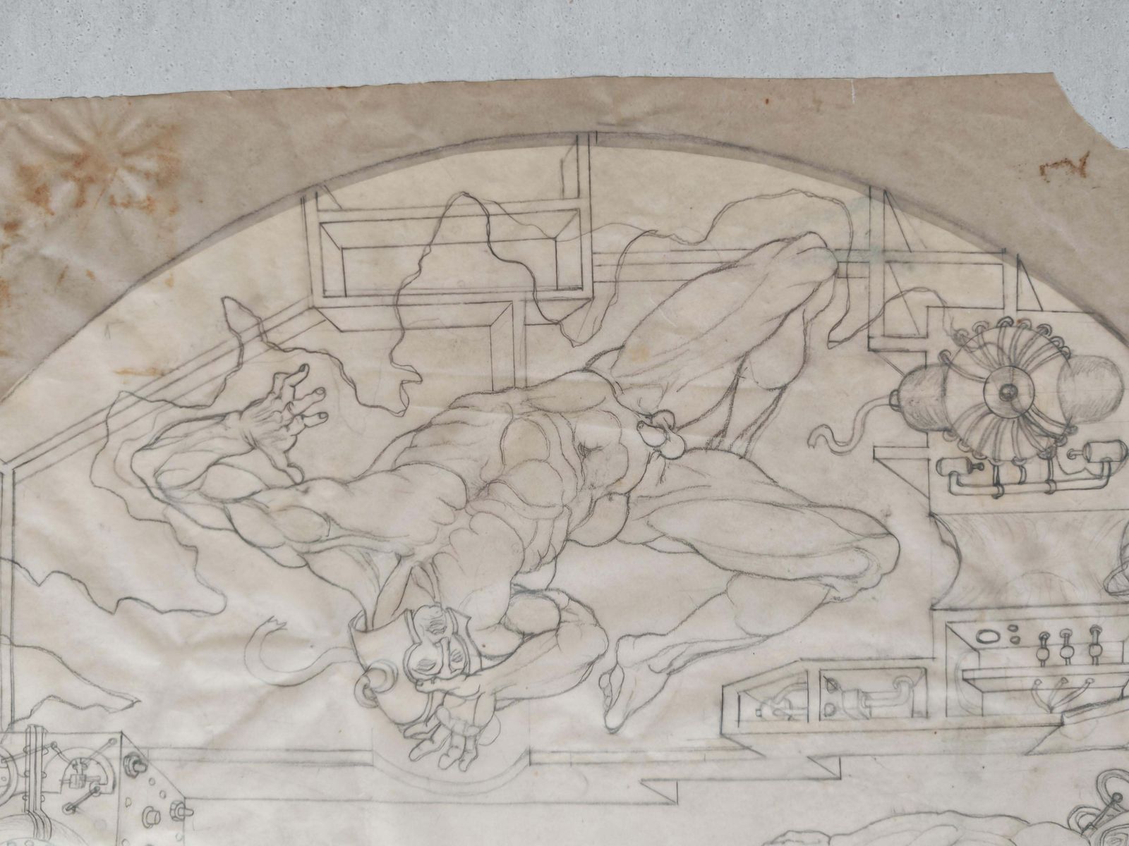 Figurative Composition With Mechanical Motifs, Pencil On Paper By Dusan Gakovic photo furniture