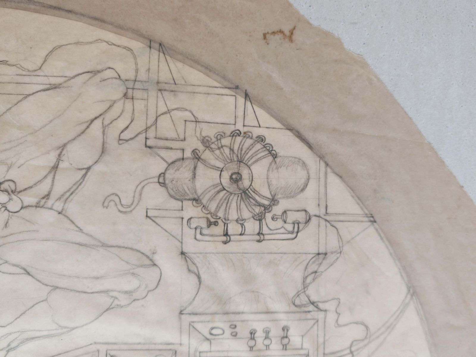 Figurative Composition With Mechanical Motifs, Pencil On Paper By Dusan Gakovic photo vinterior