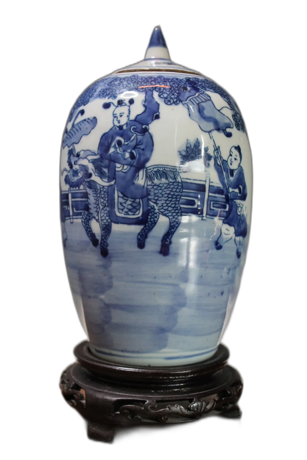 Antique Chinese Qing Dynasty Blue And White Lidded Jar