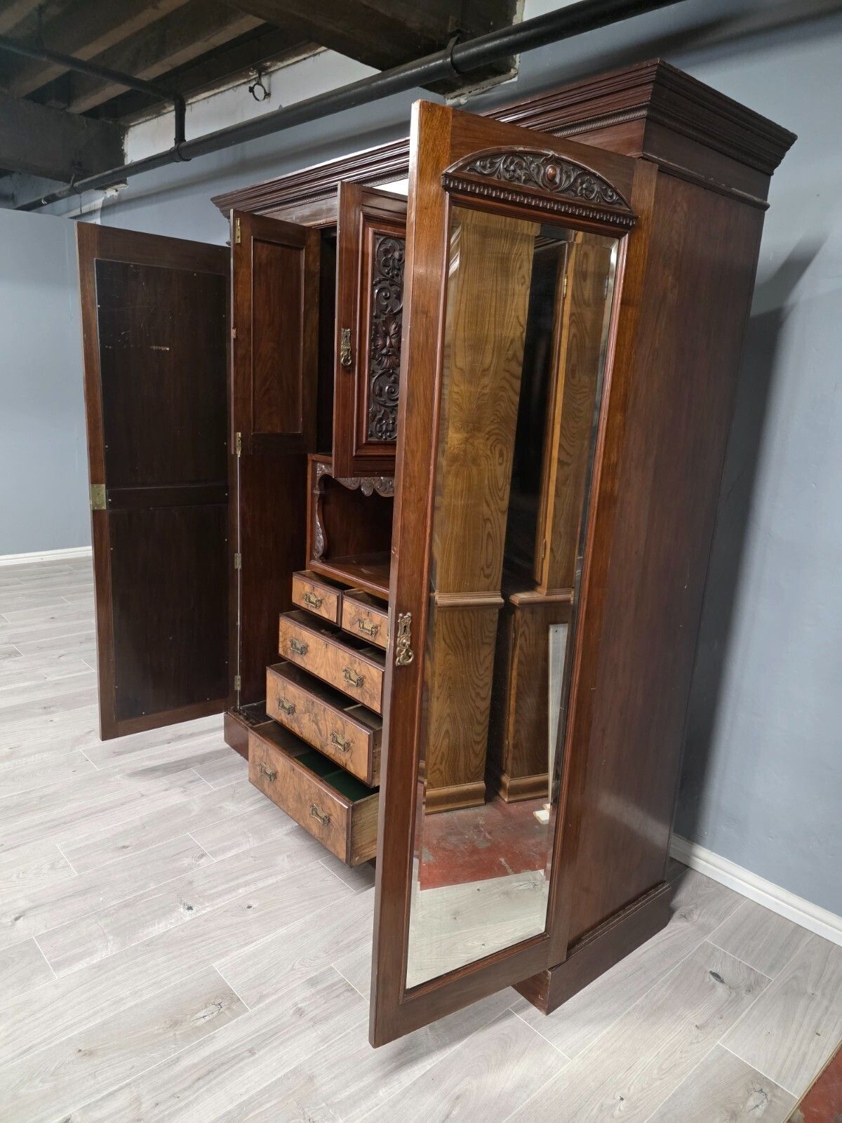photo for sale Antique Walnut Late Victorian Princess Combination Wardrobe