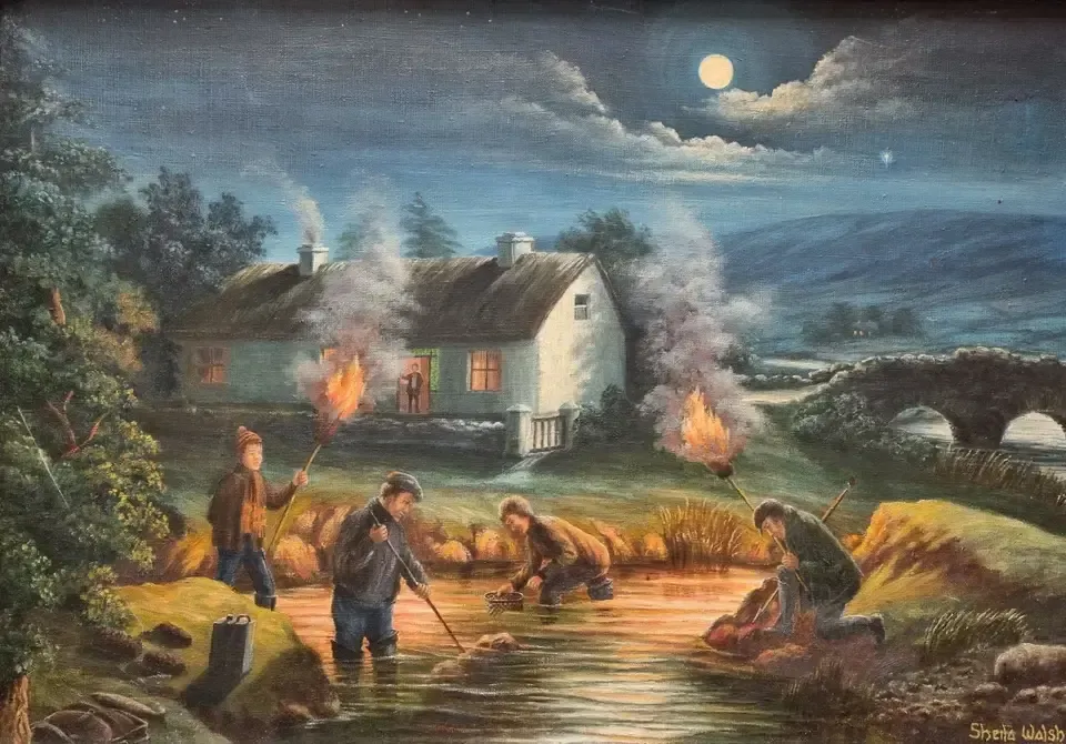 Large Framed Vintage Oil Painting Moonlit Irish Cottage Night River Fishing photo furniture
