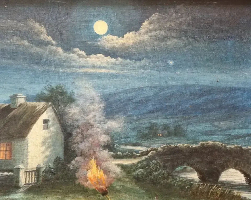 Large Framed Vintage Oil Painting Moonlit Irish Cottage Night River Fishing photo buy